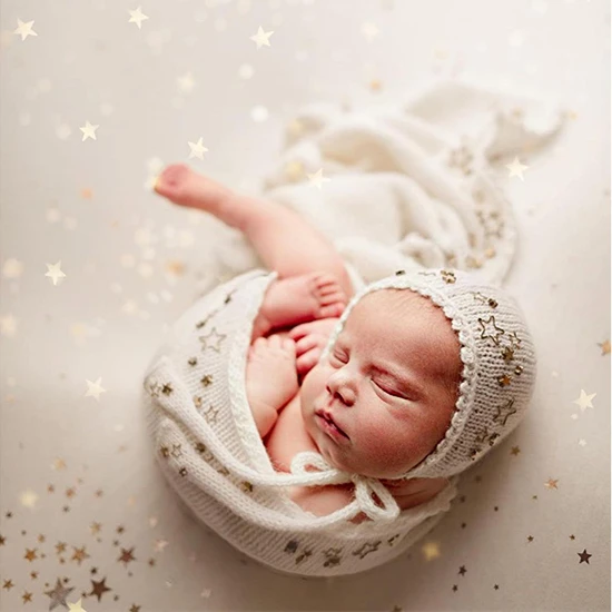 Dvotinst Newborn Baby Photography Props Blingbling Stars Starry Soft Knitted Wraps Hats 2pcs Set Studio Shooting Photo Props