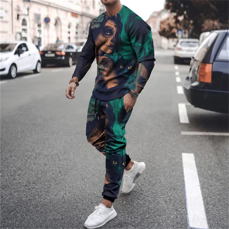 

Latest Men Sportswear Trend 3D Long-Sleeve T-Shirt + Trousers Suit Spring And Autumn Man Oversized Casual Sportswear 2-Piece Set