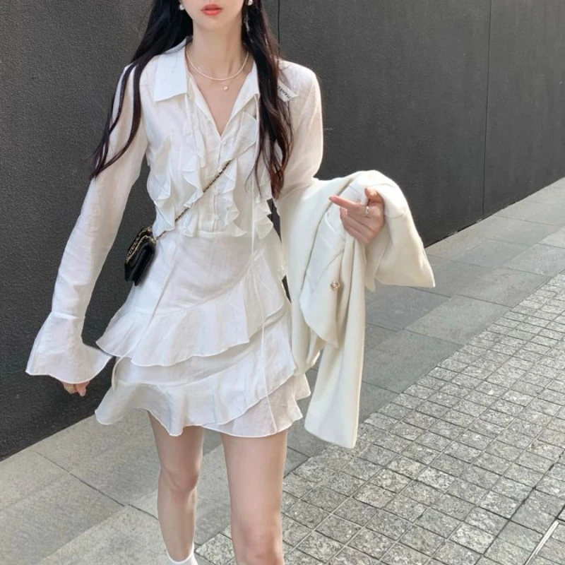 

Deeptown Y2k Fairycore White Dress Women Korean Fashion Long Flare Sleeve Ruffles Two Layer Lace-up Ruched Mini Cocktail Dresses