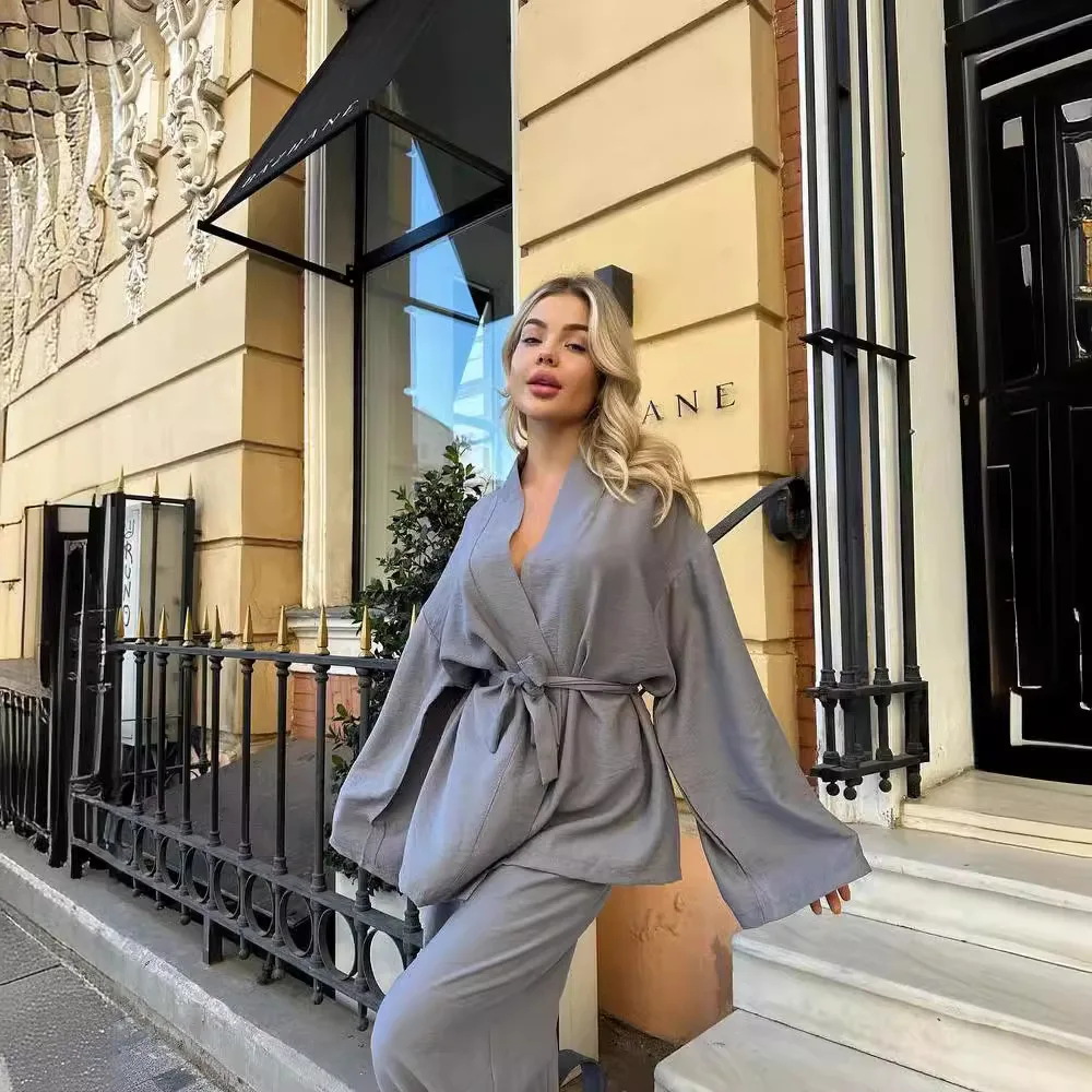 Женские комплекты из топа и брюк на шнуровке с полосатым принтом рубашка длинным