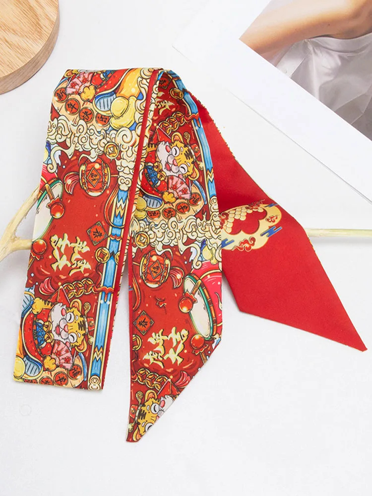 

2022 New Year's Chinese Style Zodiac Silk Scarf Red Scarf Narrow Long Streamer Tied Hair Bow Headwear