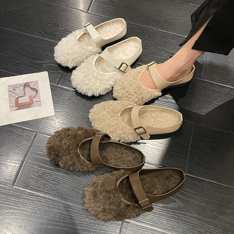 

Closed Toe Sandals Velvet Shoes Fur Heels 2022 Women's Suede Low Girls Outside Flat New Mules Rome Rubber Basic Flock PU Slipper