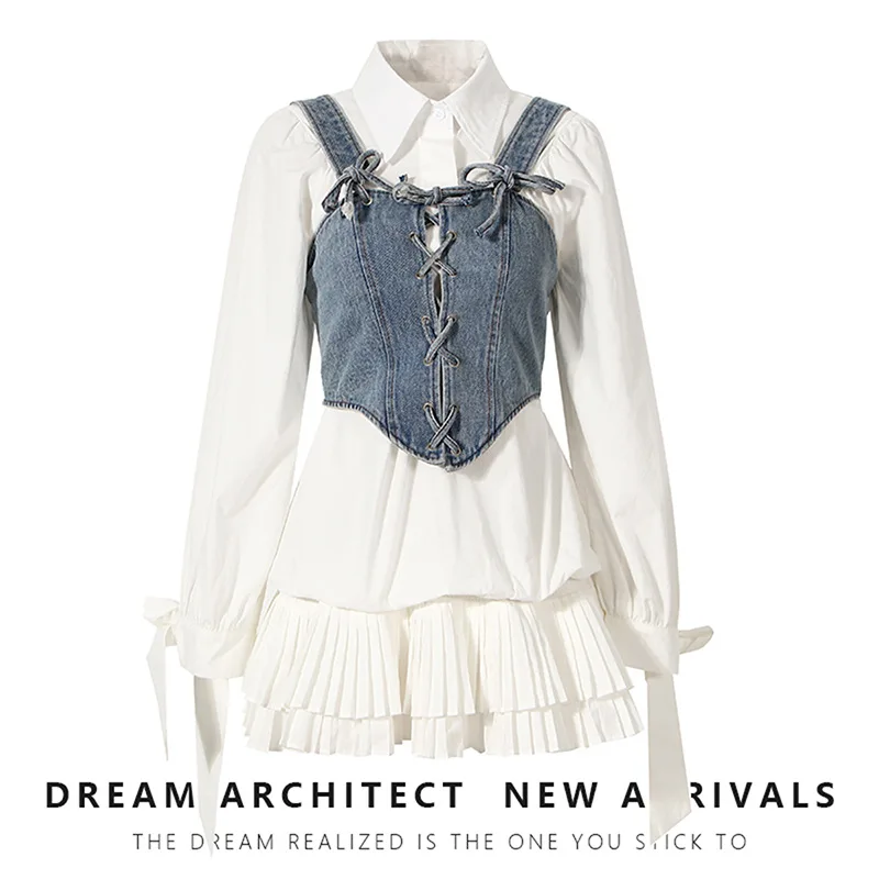 

VANOVICH Корейский Японский стиль кружевная плиссированная рубашка с бантом и Джинсовая туника жилет комплект из двух предметов весна и осень ...