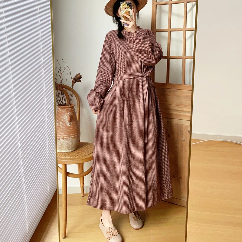 Женское винтажное платье в клетку Johnature простое из хлопка и льна японском стиле с