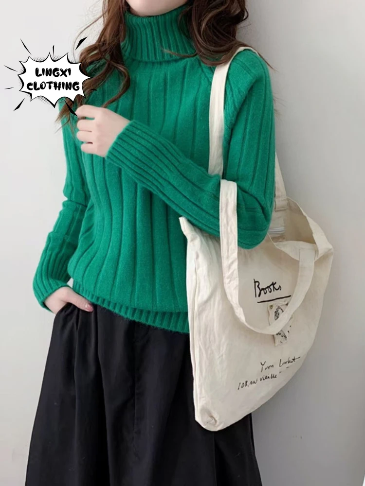 

Autumn Sweater 2023 New Loose Imitation Wool Long Sleeve Knit Vintage Korean Fashion Elegant Warm Knitted High Collar Pullover