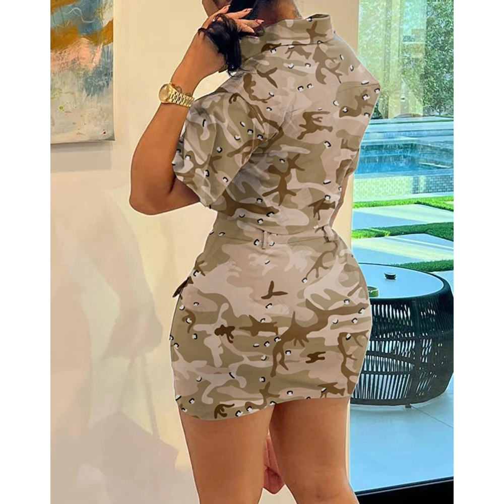 Summer Women Camo Print Cargo Pocket Short Sleeve Crop Top & Mini Skirt Sets Slim Fit Casual 2 piece Sets Outfits Streetwear