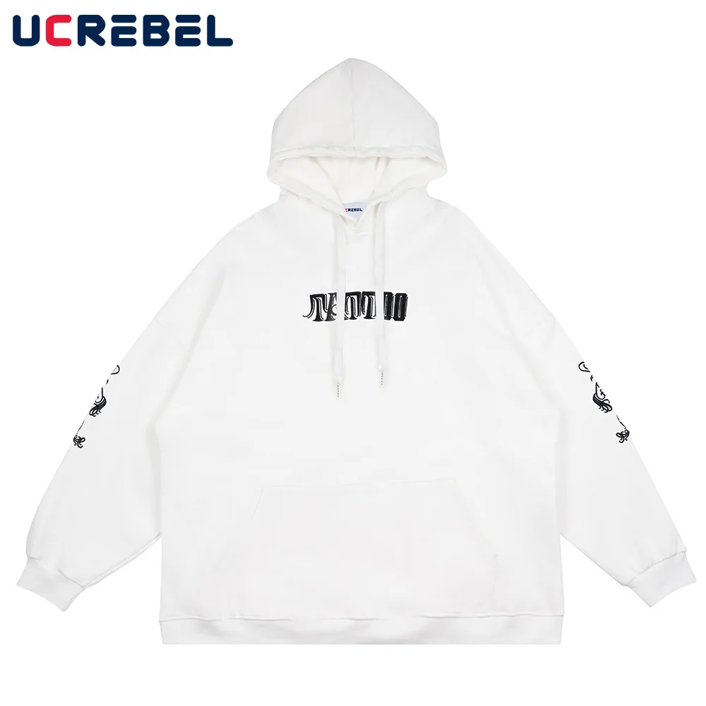 

Font Embroidery Casual Sweatshirts Mens Autumn Shoulder Drop Loose Long Sleeve Streetwear Pocket Hoodies Men Pullover