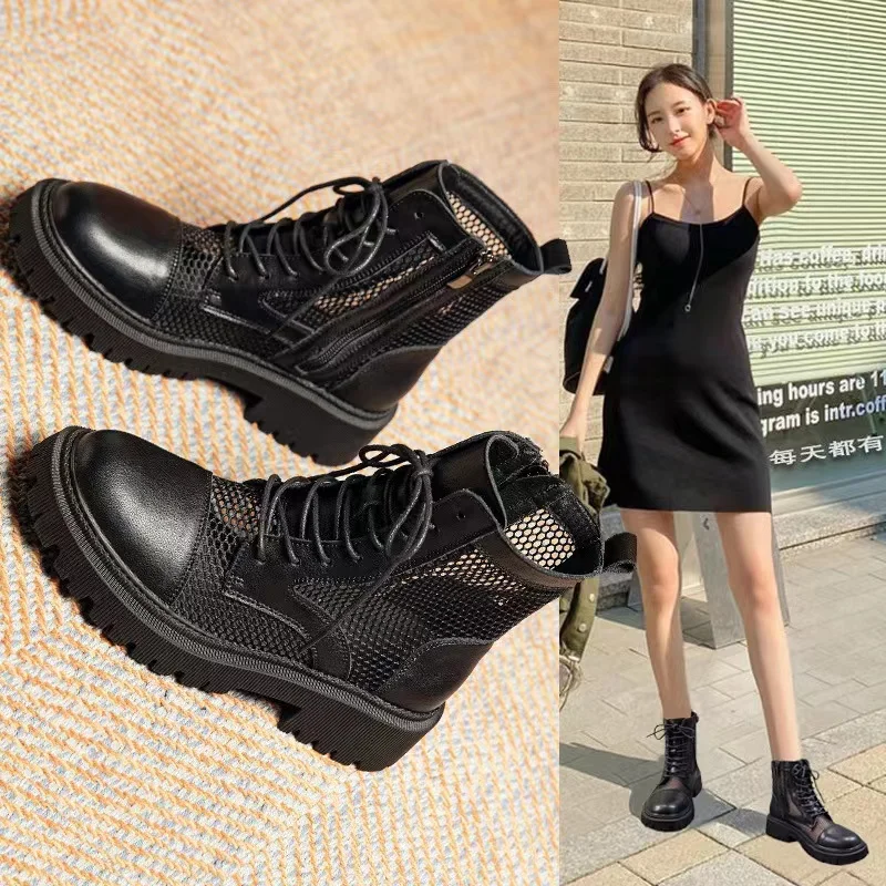 New Summer Winter Chelsea Boots Women Platform Ventilate Shoes Black White Ankle Boots for Women Fur Short Chunky Gothic Shoes images - 6