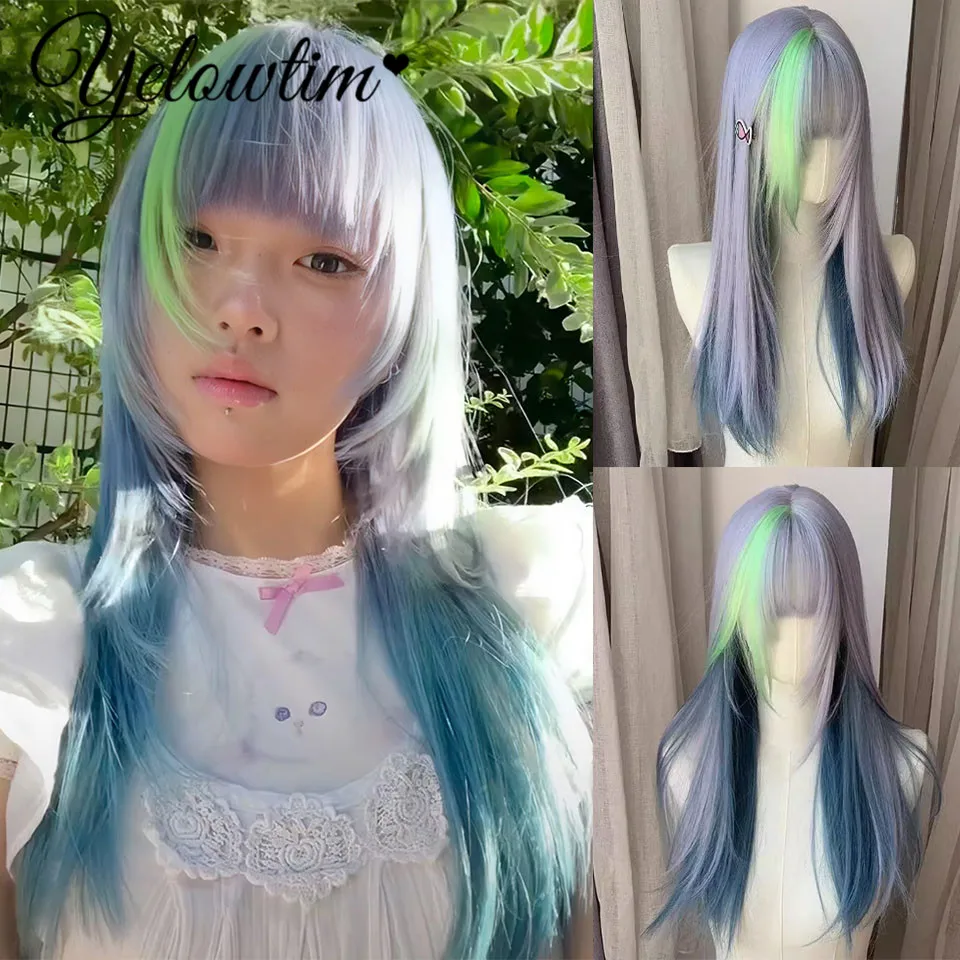 Серая с синей подсветкой Длинные прямые синтетические парики YELOWT челкой косплей