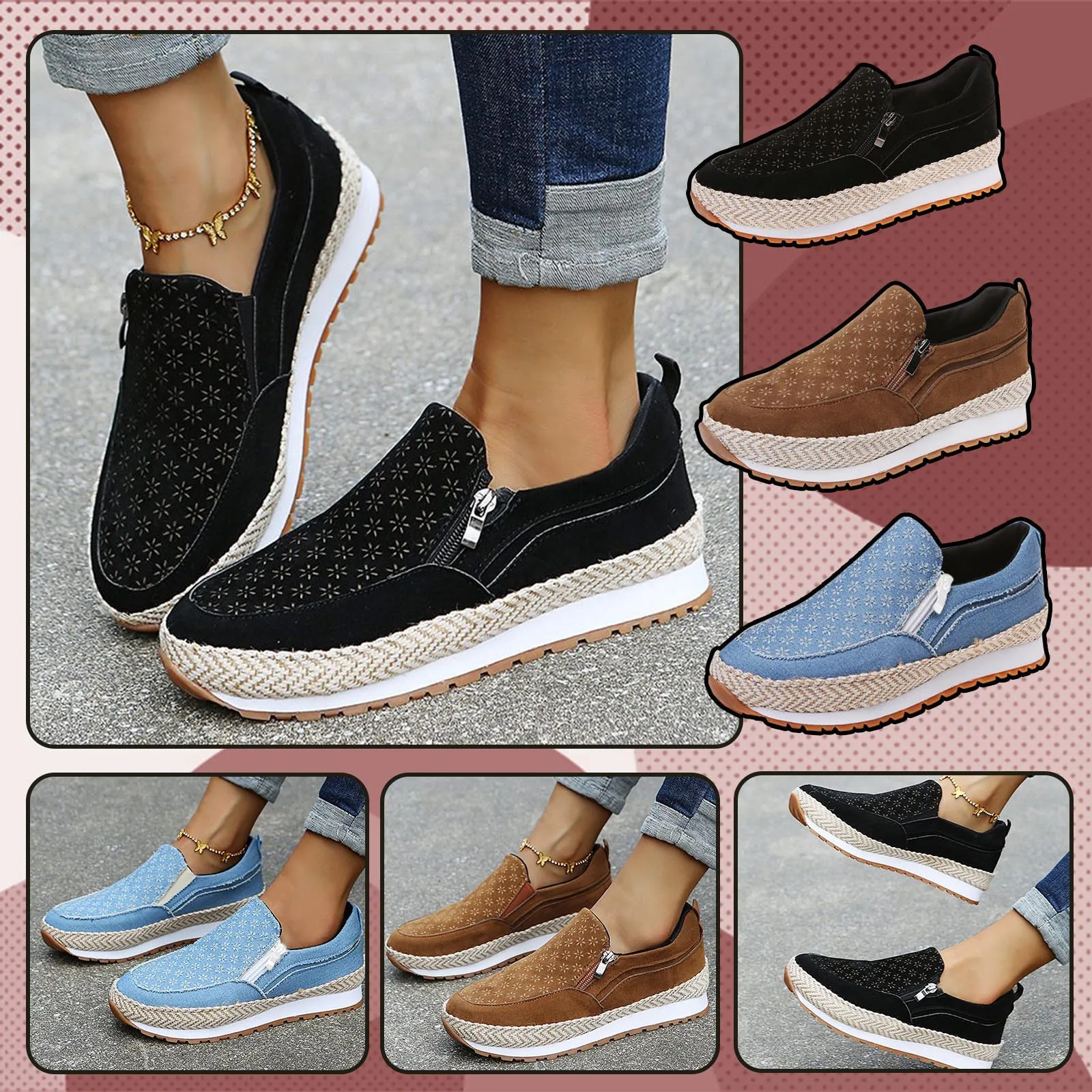 

Chaussures Femme Women's Shoes Zipper Casual Round Toe Floral Hemp Rope Weaving Platform Pumps Single Shoes De Verano Para Mujer