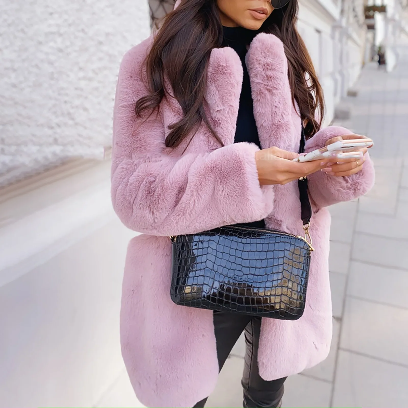 red Women Warm Luxury Faux fur Trench Coat Warm  Solid h Long Sleeve Lapel Jacket Cardigan Pockets Fleece Furry