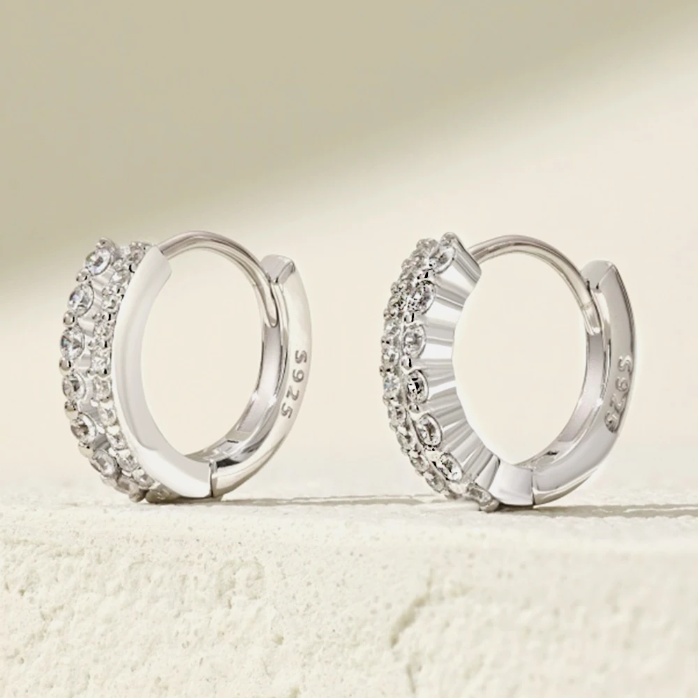 Настоящее серебро S925 круглые серьги женские блестящие двухрядные с бриллиантами
