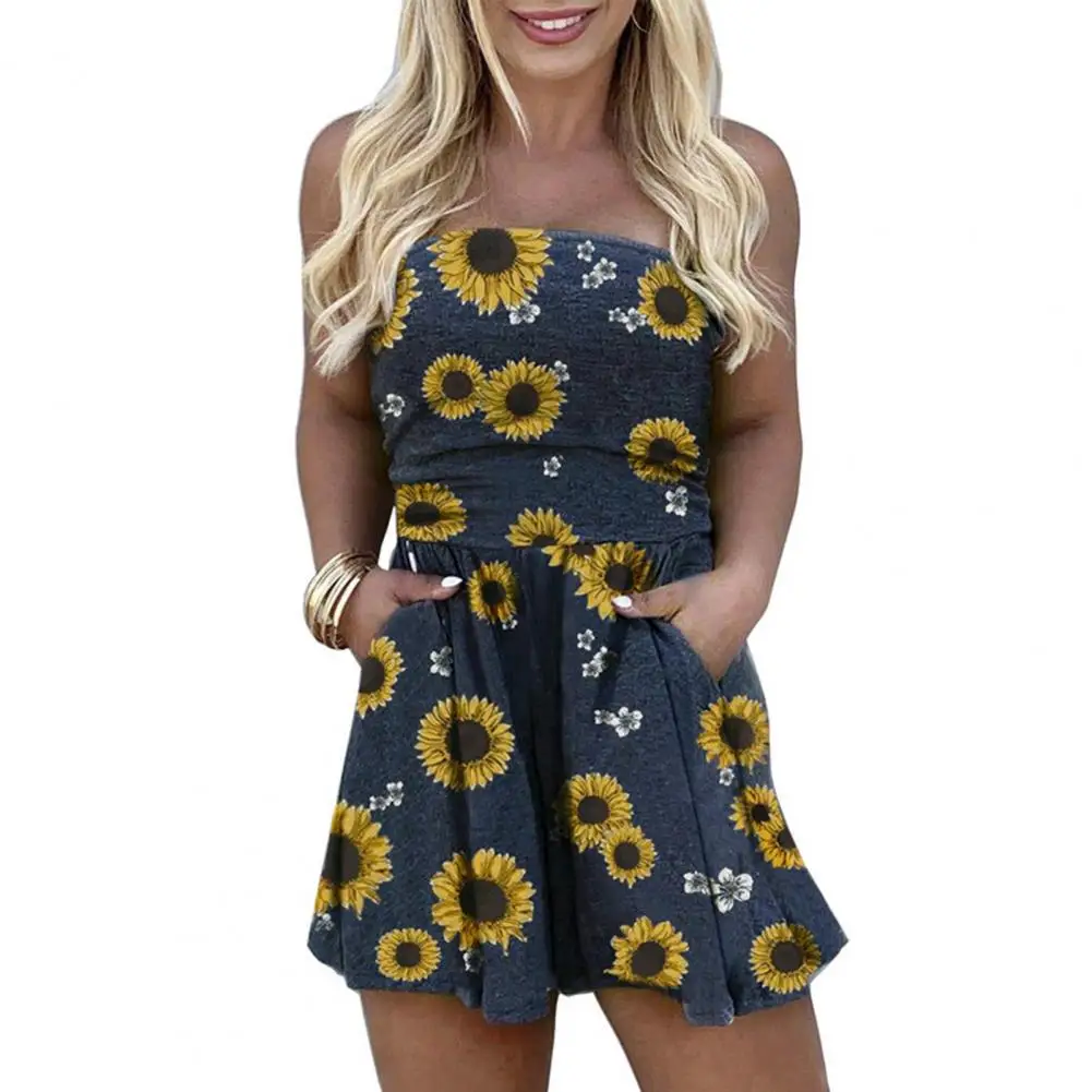 

Off Shoulder Women Romper Sleeveless One Piece Trendy Chic Bandeau Clear Print Jumpsuit Female Waist Slim Summer Romper
