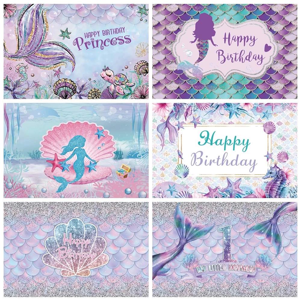 

Yeele Mermaid Princess Backdrops Photography Baby Girl Birthday Glitters Mermaid Tail Photocall Seabed Shell Backgrounds