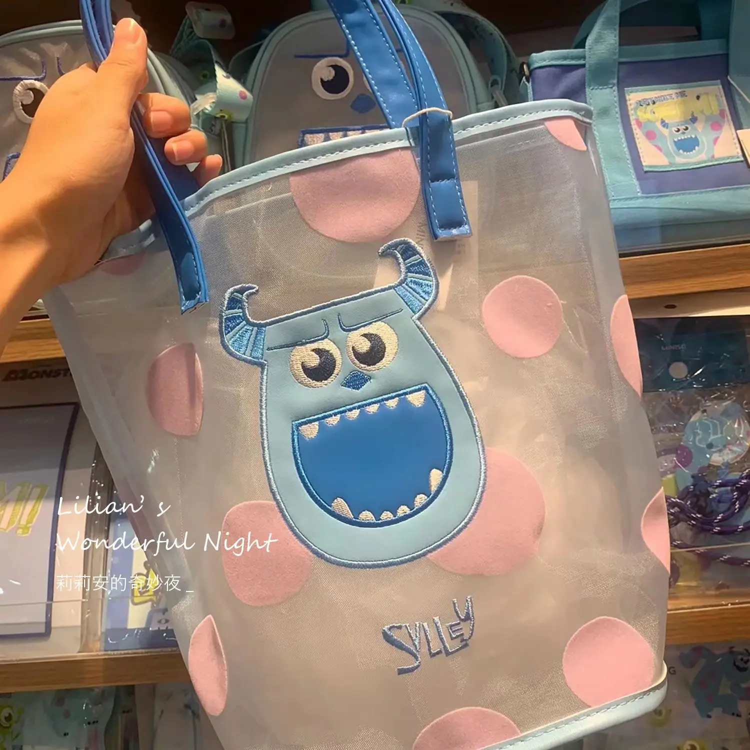 Disney Three-Eyed Aberdeen Mesh Bag Large-capacity Japanese Cartoon Embroidery Hand Bag Female Student Portable Hand Bag