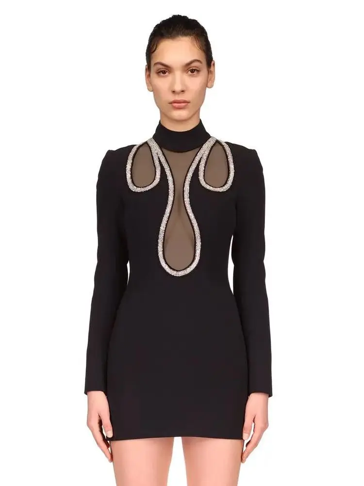 

2022 Autumn New Women'S Solid Long Sleeve O-Neck Mesh Patchwork Bandage Diamonds Bodycon Celebrity Club Party Mini Dress