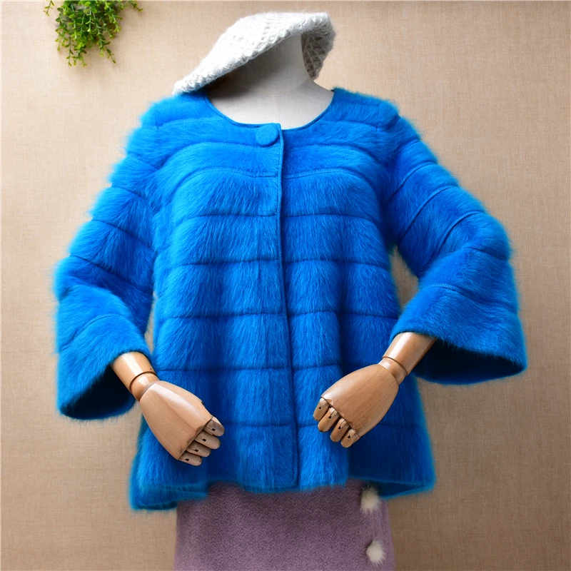 

female women fashion blue autumn winter clothing mink cashmere knitted striped three quarter sleeves loose cardigan coat sweater