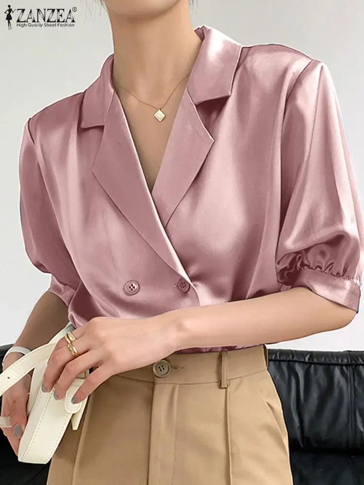 

ZANZEA Fashion OL Shirts for Women Elegant Puff Sleeve Summer Sexy Lapel Neck Tops Tees Oversized Casual Solid Loose Blusa Femme