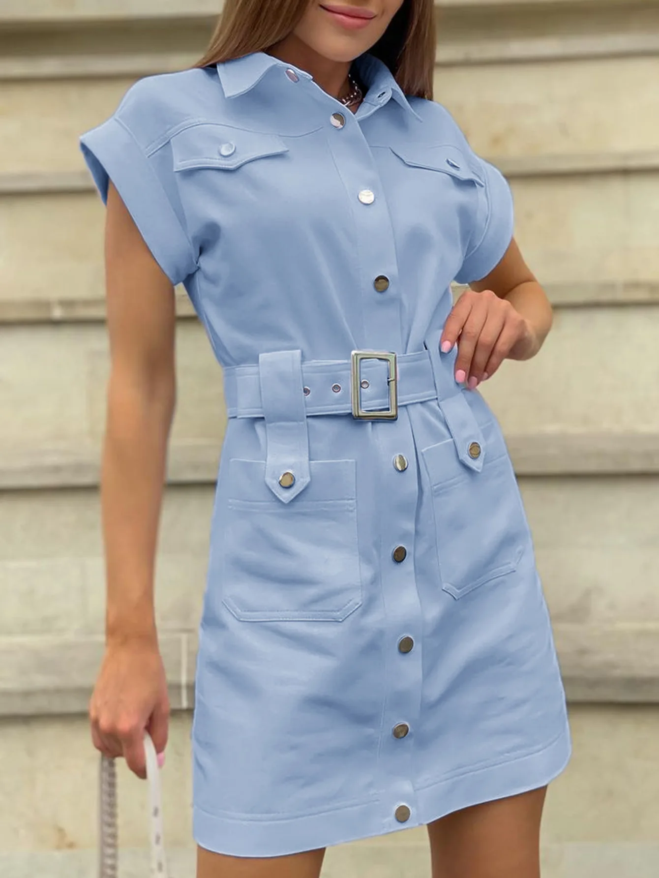 

Fashion Elegant 2022 Summer Shirt Dress Short Sleeve Office Dress Women Single Breasted Belt Mini Dress Blue Pocket Work Vestido