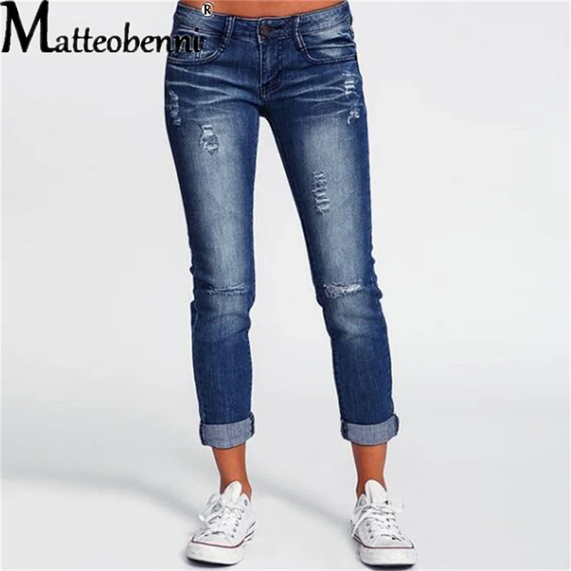 

Fashion Mid Waist Skinny Jeans Women Vintage Distressed Denim Pants Autumn Crimped Destroyed Pencil Pants Casual Ripped Jeans