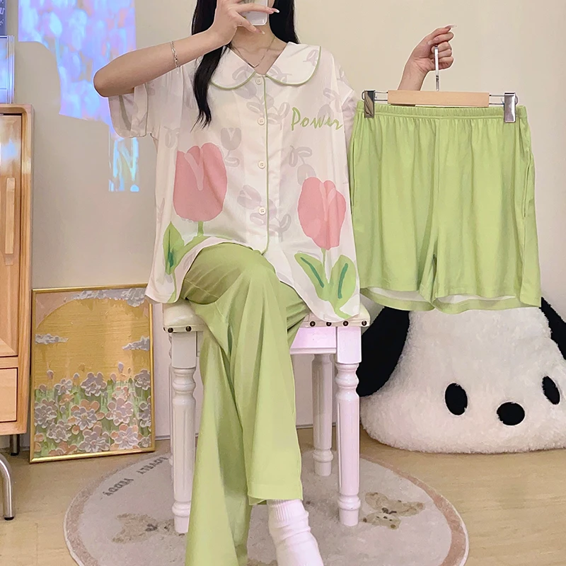 New Women's Pajamas Three-piece Set Spring and Summer Style Ice Silk Thin Style Short Sleeve Cute Home Clothes Free Shipping