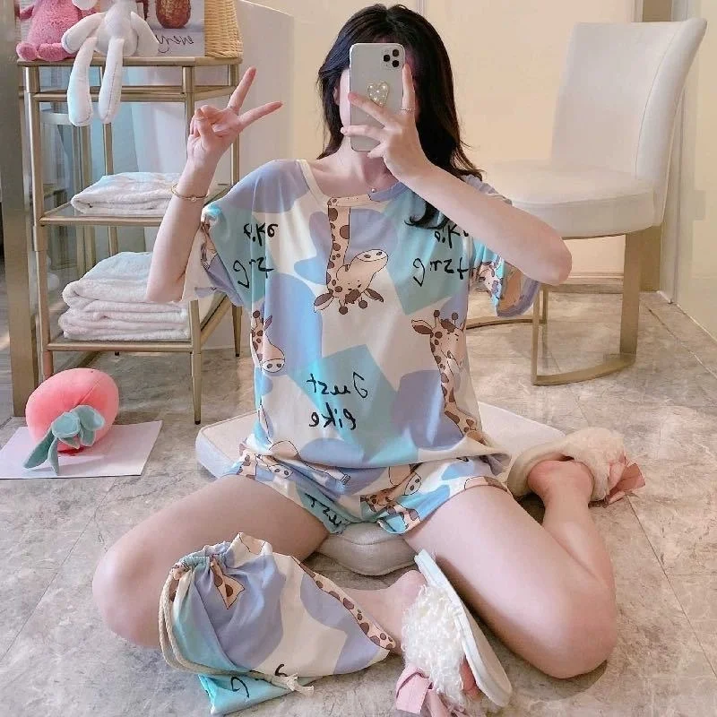

2022 Pajamas Women Summer Cartoon Sweet Short Sleeve Shorts Pyjamas Home Clothes Home Tops Sleepwear Pajama Set