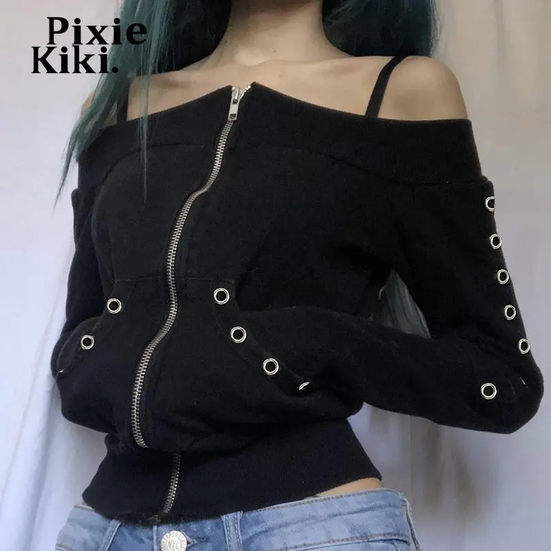 

PixieKiki Gothic Punk Rivet Off The Shoulder Zip Up Hoodies Y2k Streetwear Women Black Jackets and Coats Dark Cardigan P77-DF27