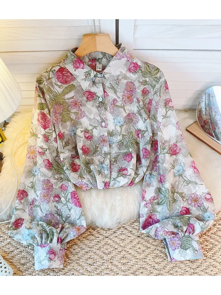 

Women Autumn Shirt French Retro Floral Chiffon Shirt Design Versatile Lantern Sleeves Loose Fitting Slimming Niche Top D5498