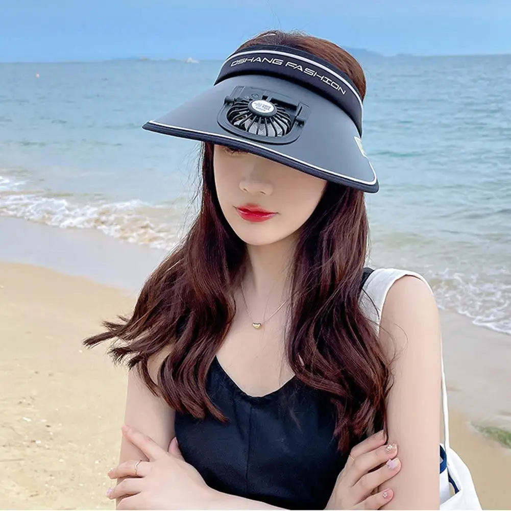 

Summer Sun Protection Hat Visor Women Beach Hat 3-speed Regulation Electric Fan Empty Top Hat Holiday Sunshade Cycling Sun Hat