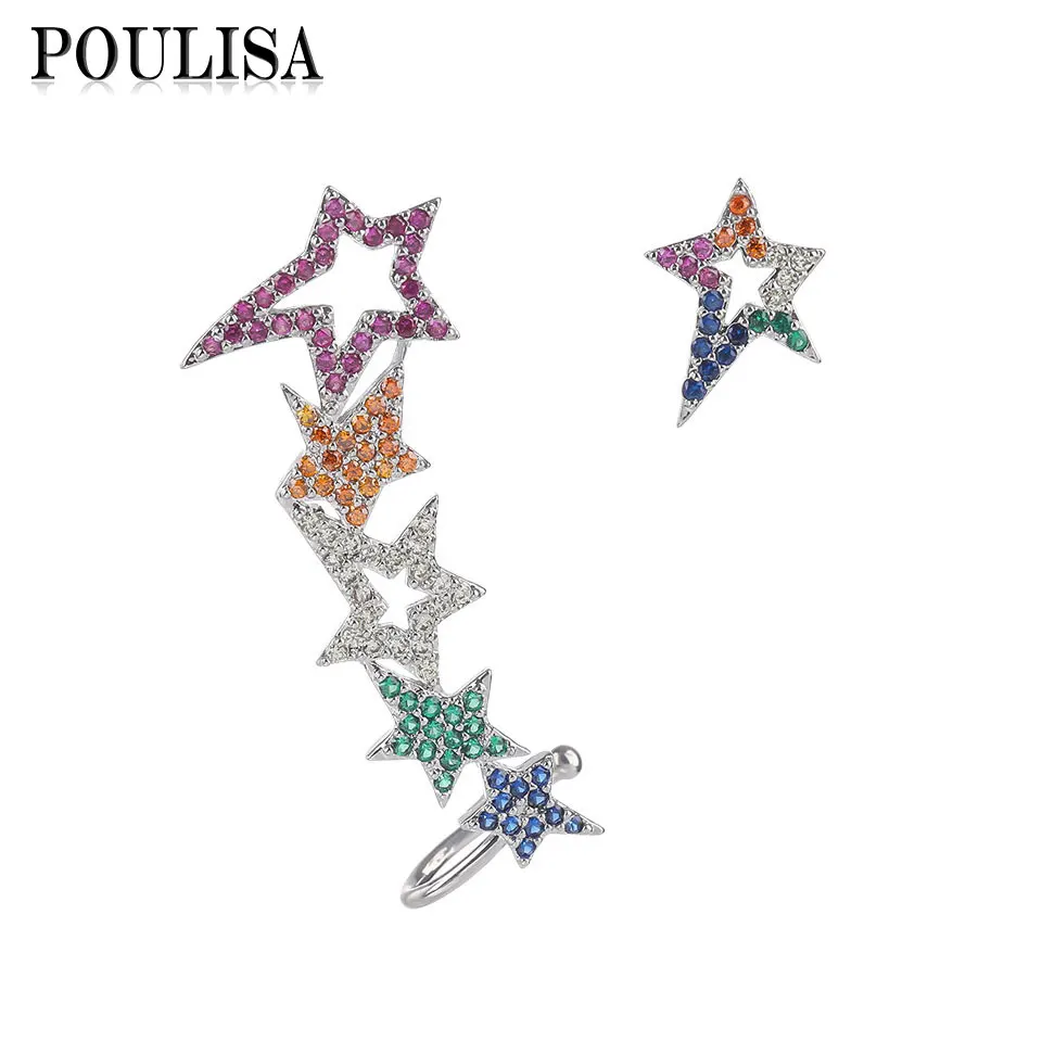 

Poulisa Romantic Rainbow Cubic Zircon Asymmetrical Star Earrings for Women Party Jewelry Unique Clip Stud Earrings Fashion Gifts