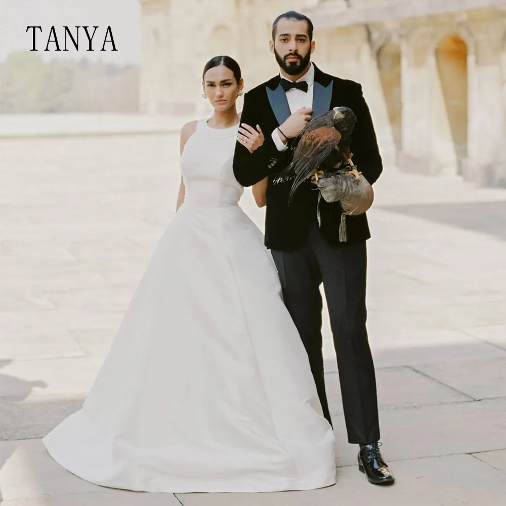 Элегантное свадебное платье с круглым вырезом атласное ТРАПЕЦИЕВИДНОЕ ПЛАТЬЕ С