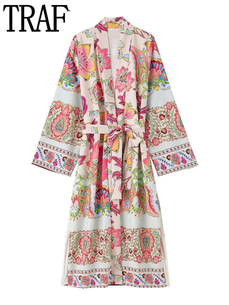 TRAF Boho Long Dress Women Kimono Print Casual Summer Dresses Woman 2022 Retro Bohemian Female Dress Wide Sleeve Belt Midi Dress