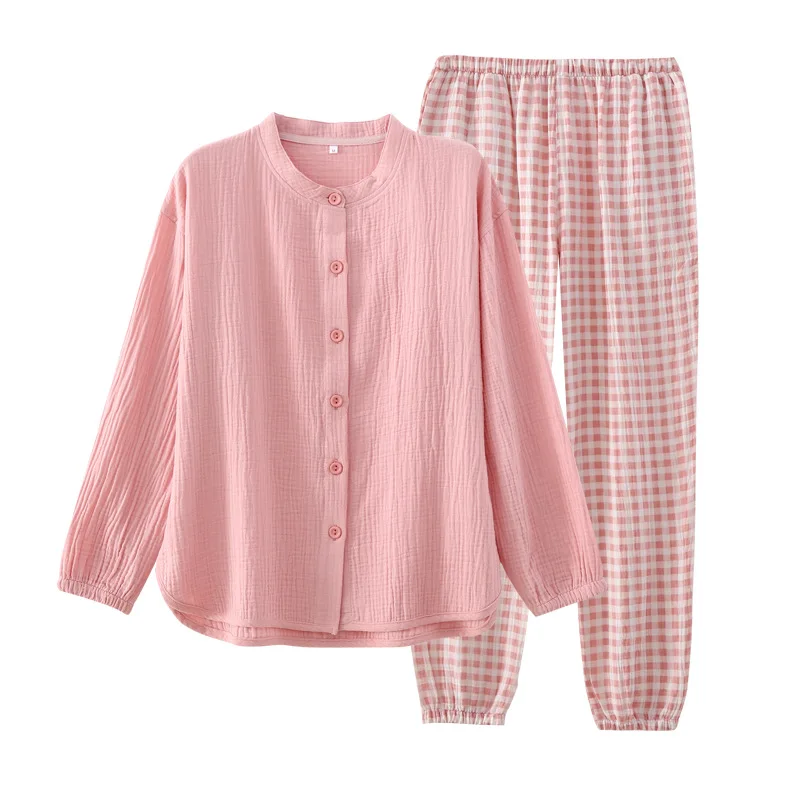 Pajamas Woman Spring and Autumn Pure Cotton Japanese Plaid Ladies Home Suit Round Neck Long-sleeved Fresh and Simple Sleepwear