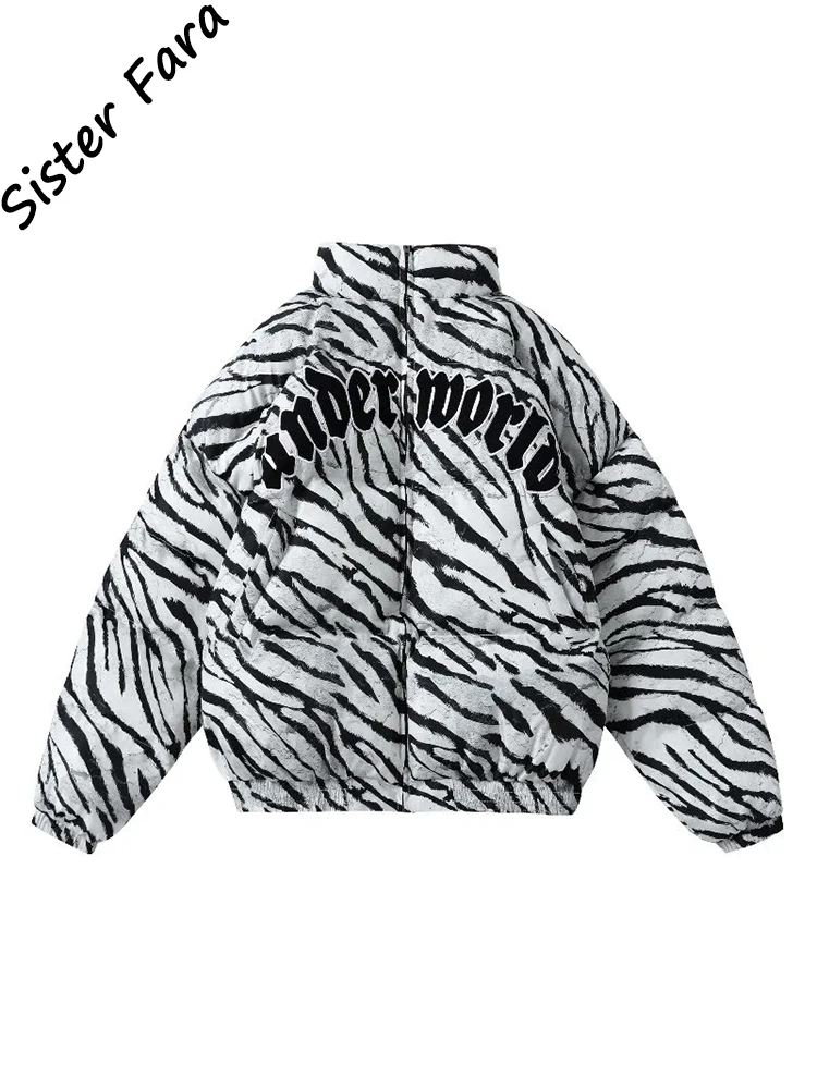 

Sister Fara Women Harajuku BF Loose Parka High Quality Streetwear Hiphop Winter Jacket For Women Zebra-print Cotton-Padded Coat