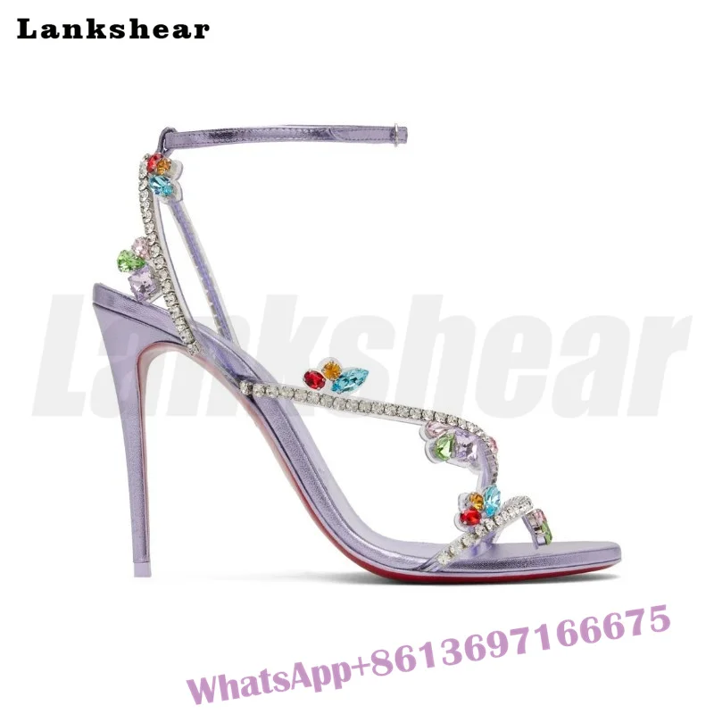 Colorful Crystal Diamonds Round Toe Ankle Strap Purple Sandals Super High Heel Large Size Sandals for Women Party Summer Shoes