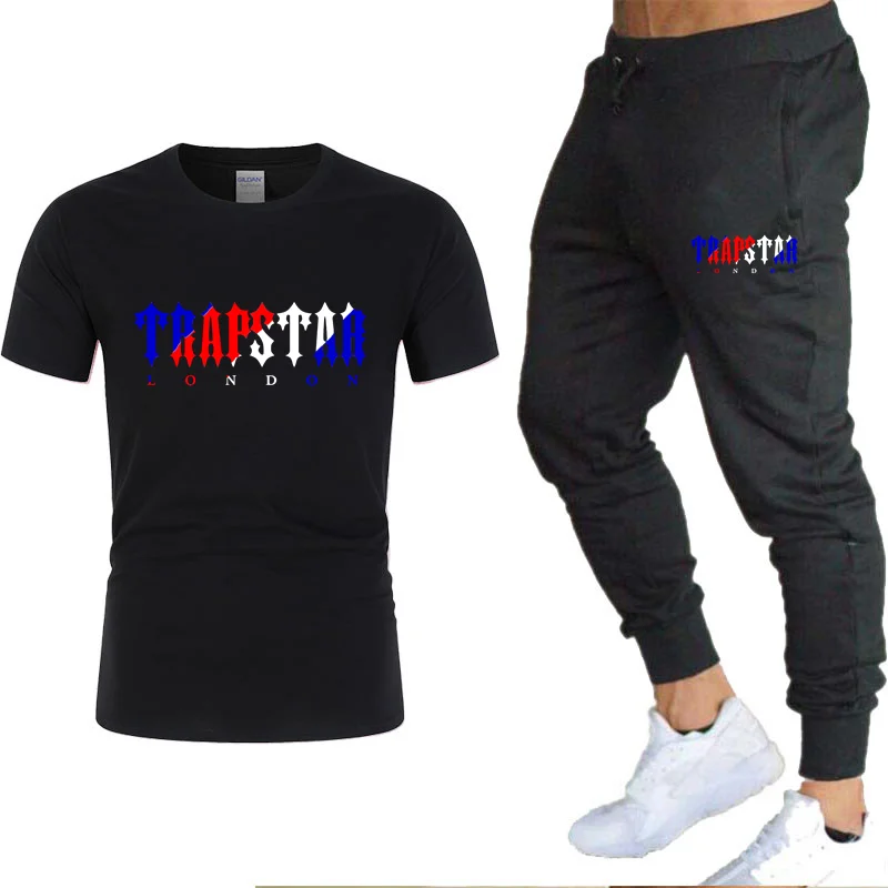

Mannen Vrouwen T-shirt Korte Mouw Pak Mode Letters Harajuku Retro Tops + Broek Limited Nieuwe Trapstar London Merk sportkleding