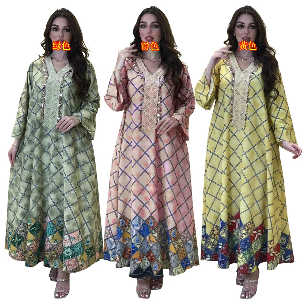 

Kaftan Abaya Dress For Autumn Winter Muslin 2022 New Beaded Lace Arabic Large Print Gown Dress Dubai Islamic Female Clothing