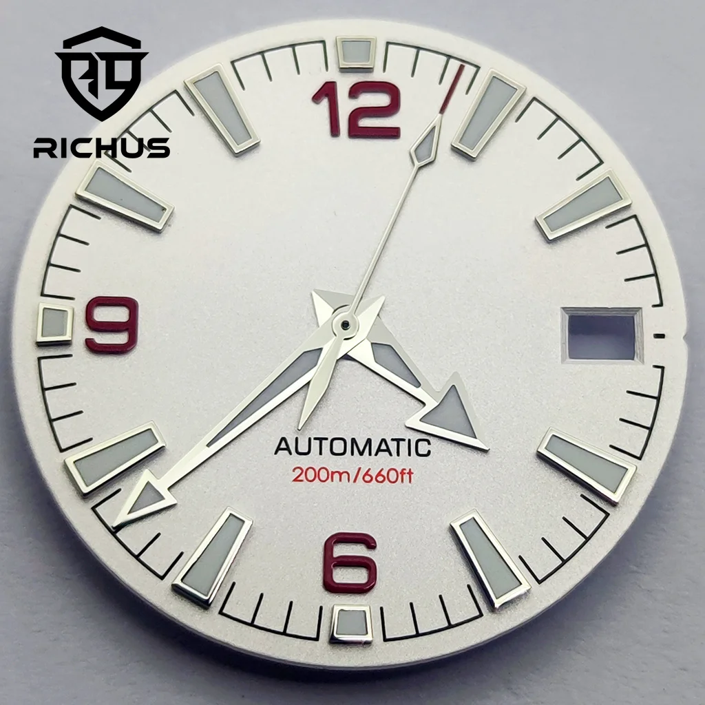Фото Циферблат часов RICHUS 28,5 мм с зелеными светящимися стрелками, подходит для механизмов NH34, NH35, NH36, аксессуары для часов №1