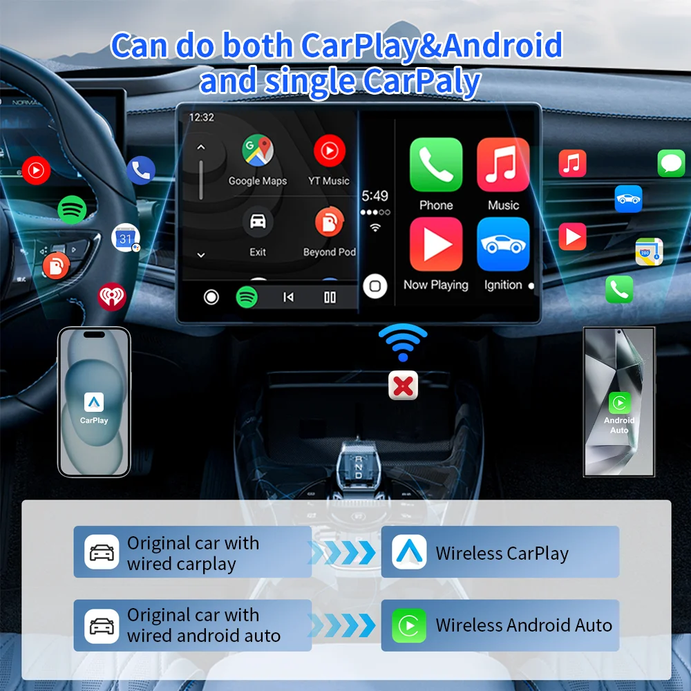 Фото Беспроводной адаптер 2-в-1 для CarPlay и Android Auto, умный AI-бокс для автомобиля, обновление авто с Wi-Fi и Bluetooth для iPhone M6 Wooboobox №5