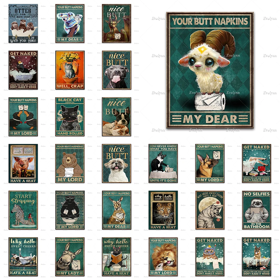 

Забавные Животные для ванной холст картина ретро постер Кот Собака Тигр выдра Лев свинка медведь Забавные знаки для ванной настенные худож...