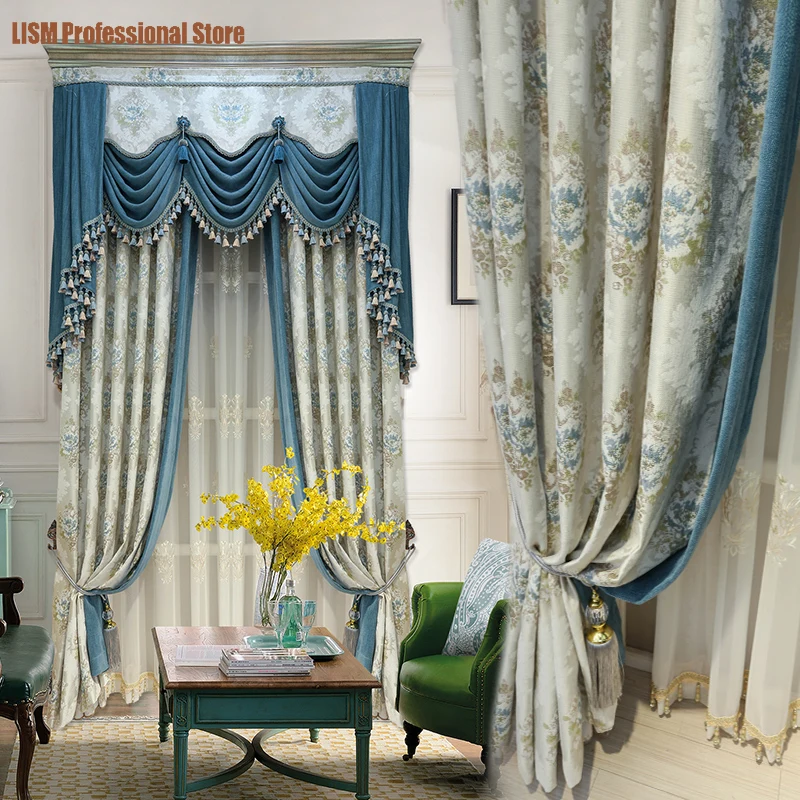 

High-end European Style Stitching Thickened Chenille Jacquard Blackout Curtains for Living Room Bedroom Custom Finished Valance