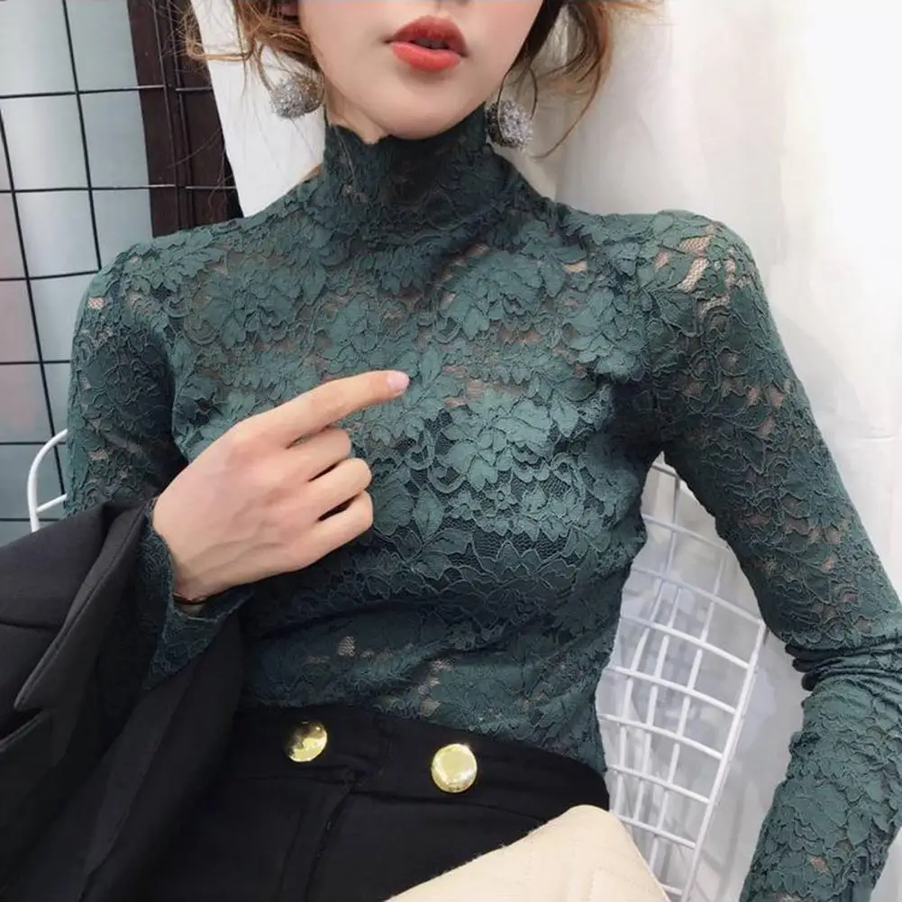 

Fashion Tunic Top Solid Color Women Blouse Half High Collar Slim Lace Crochet Patchwork Hollow Tee Top Elastic