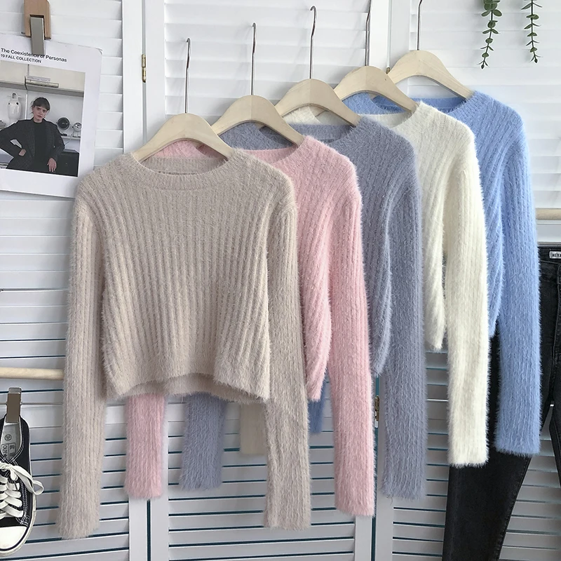 

Knitted Sweater Korean Style Women O-Neck Fluffy Sweaters Y2K Short Pullover Female Casual Ladies Slim Fit Clothes Dropshipping