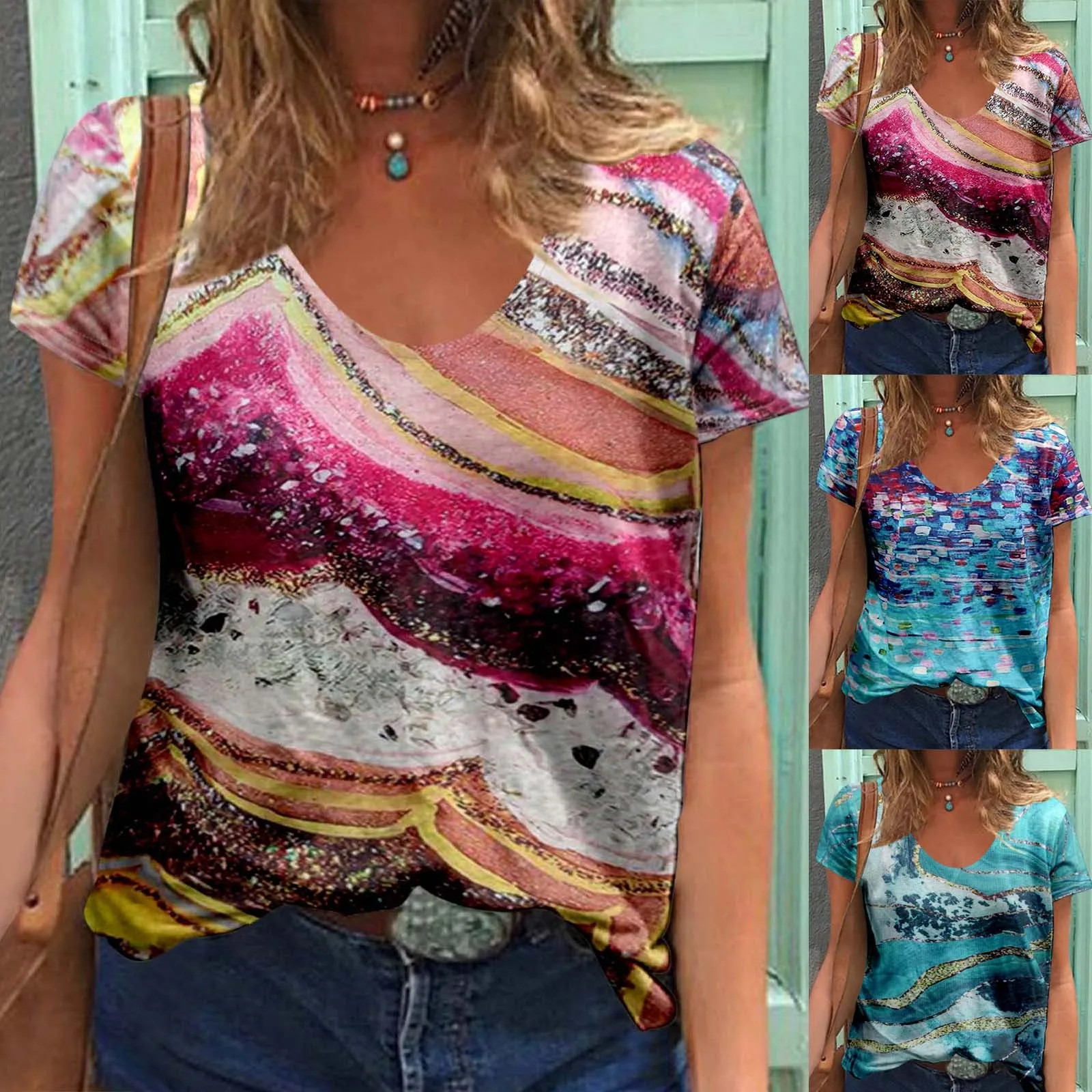 

Женская модная Красивая свободная рубашка в полоску с V-образным вырезом и коротким рукавом