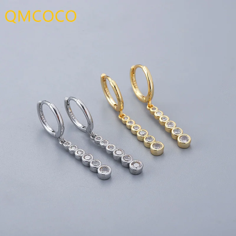 QMCOCO серебряный цвет круглый циркон длинные Подвесные серьги-кольца для женщин простой светильник Роскошные модные темпераментные аксессуары для ушей