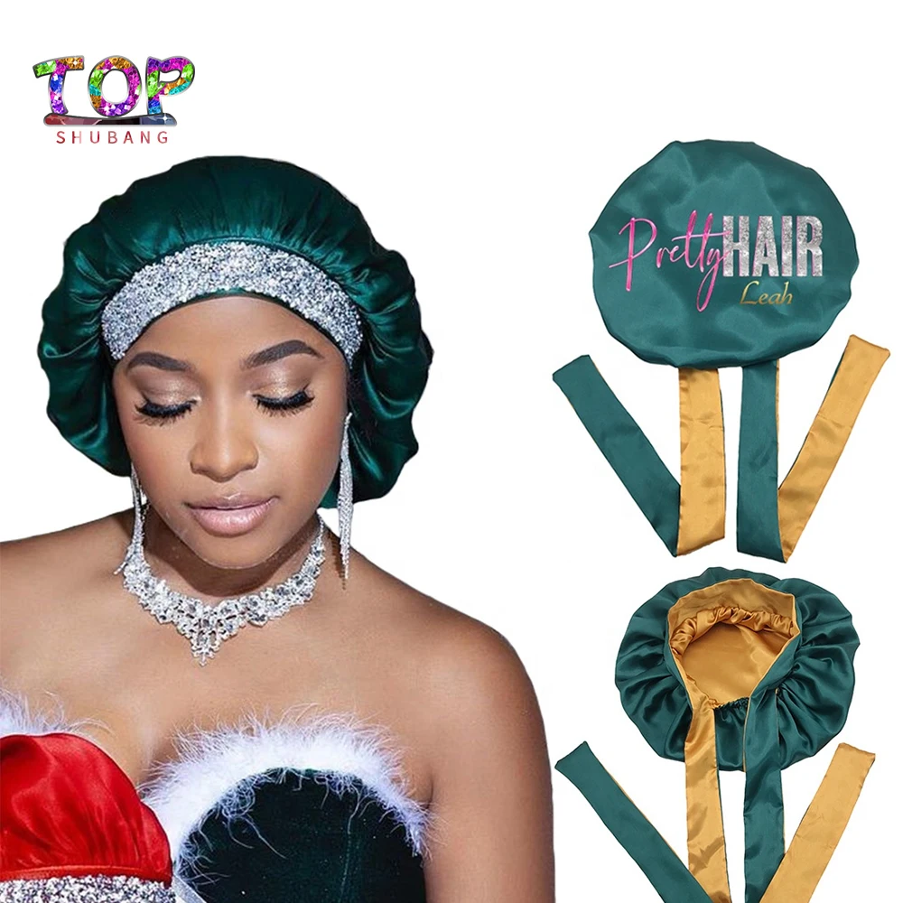 Customized Mommy And Me Bonnets Glitter Diamond Long Tie Designer Silk Hair Bonnet Wholesale Satin Bonnet With Logo