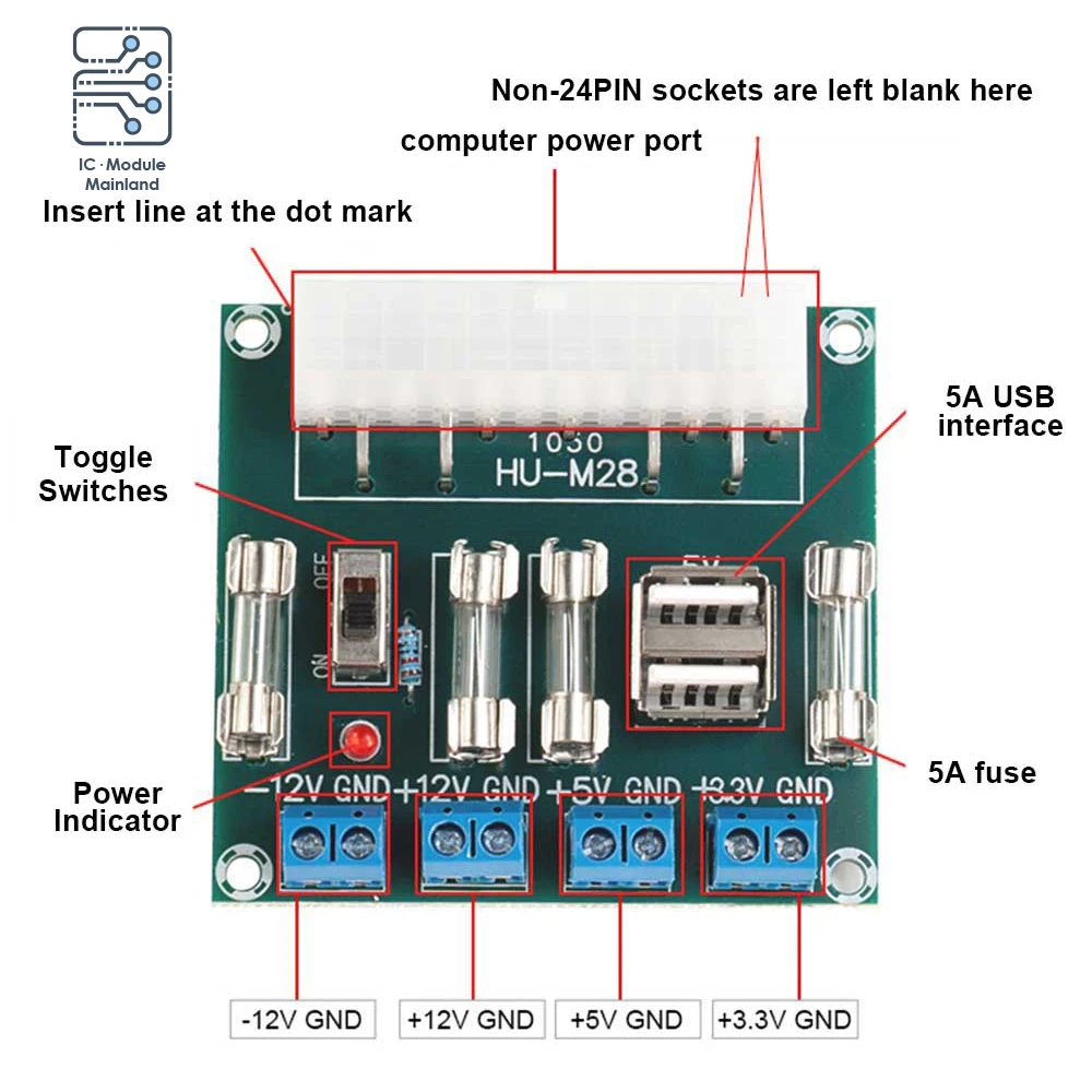 

24Pin Desktop Computer Power Adapter Board HU-M28W Atx Power Board Lead-Out Module Power Supply Output Terminal