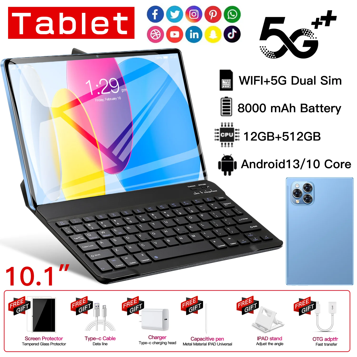 Глобальная версия новый планшет Pad15 Pro 10 1 дюйма Xioaml Android 16 ГБ + 1028 5G двойная SIM-карта