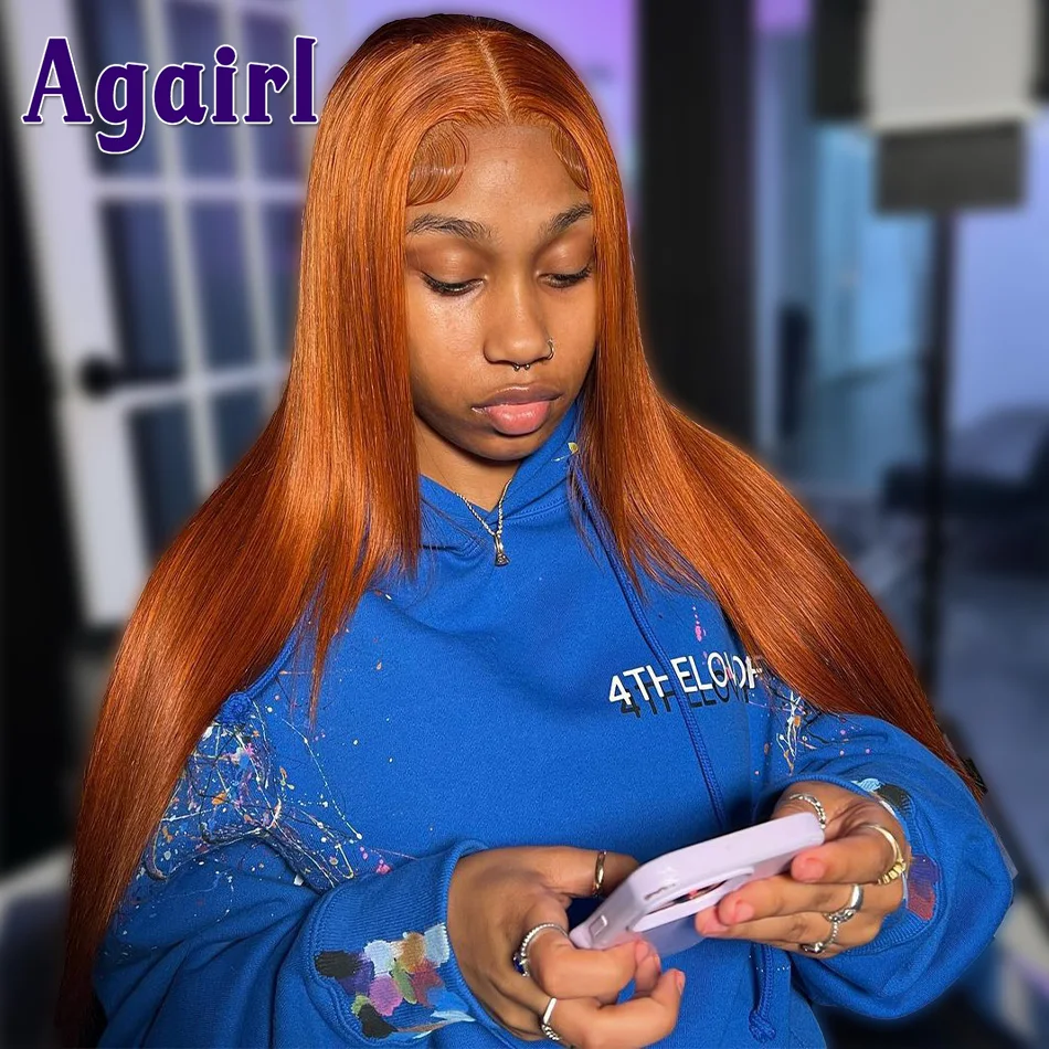 Agairl 200 Density 13x6/13X4 Orange Ginger Straight Lace Frontal Wig Transparent Remy Human Hair 5x5 Lace Closure Wigs For Women