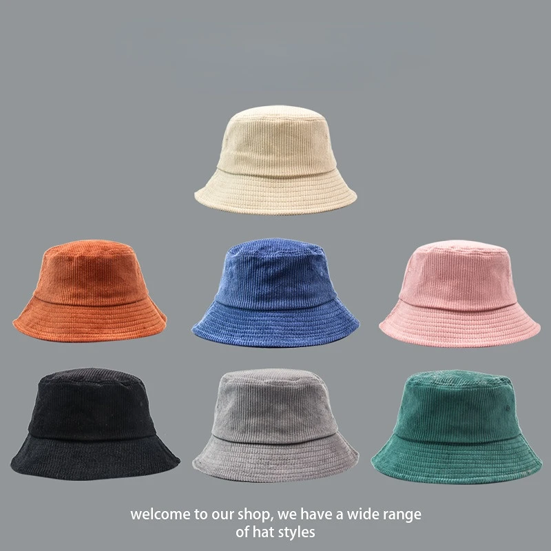 

2022 Women's Corduroy Bucket Hat Men's Casual Winter Warm Solid Bob Panama Caps Wide Brim Sun Fishing Fisherman Hat for Ladies